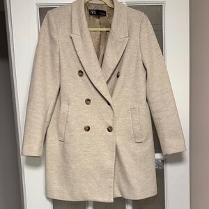 Zara Women's Beige Double-Breasted Pea Coat
